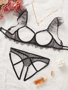 Black Lace Eyelash Splice Foldable 3D Mesh Sexy Lingerie Set For Women - Black - View 1