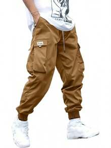 Pantalones Tipo Cargo para Hombre, Cintura elástica con cordón Pantalones atléticos Bolsillo con Letras gráficas,Pantalones Jogger Hombre - Caqui - Ver 2