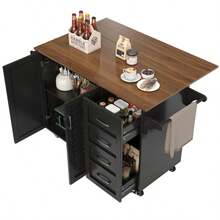 Küchenwagen Mit Diagonal Gestreiften Schranktüren, Herausnehmbarer Esswagen Mit Handtuchhalter Und Gewürzregal, Verstellbare Trennwände, Küchenbuffet, Tischplatte Mit Holzmaserung, Schwarz - 黑色 - 查看 5