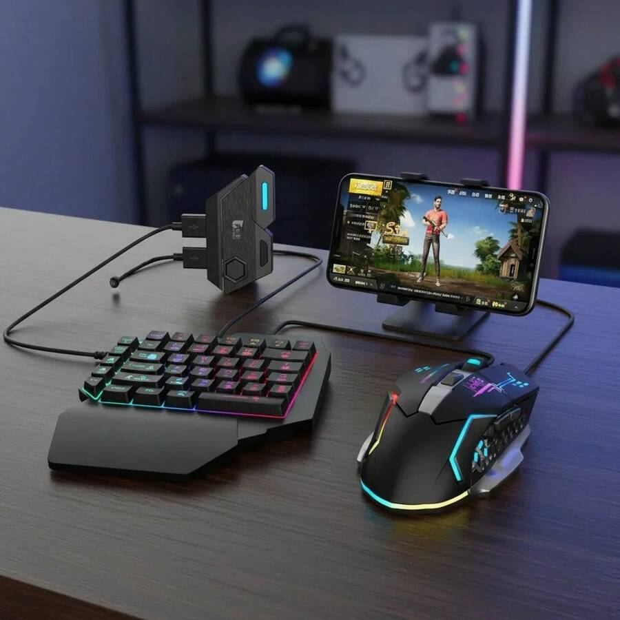 Combo Gamer 7 en 1 RGB Profesional – Teclado Mecánico Retroiluminado, Mouse Ergonómico con Luces LED, Adaptador Multifunción para Celular, PC y Consolas – Experiencia de Juego Precisa, Rápida y Totalmente Inmersiva