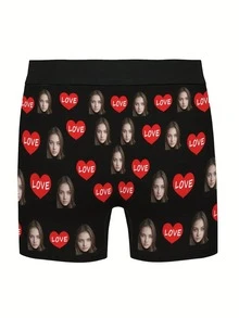 1pc Customized Face Print Men's Briefs, Personalized Gift For Boyfriend/Husband, Printed With "I Love You" And A Red Heart - Multicolor - View 4