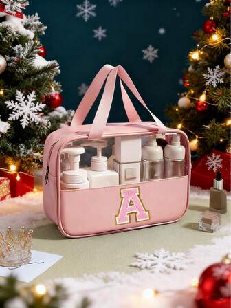 1 PC Fashionable New Square Solid Color PU&PVC Leather Fabric With Floral Letter Print Waterproof Zippered Top And Women's Makeup Bag With A Carrying Strap Design Suitable For College Student For Vacation Holiday For Travel For School Beach Bag Beach Essentials Beach Towel Organizer Beach Accessories Beach Stuff For Summer(Pink) Back To School Supplies