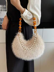 Ladies' Handbag With Fox Fur Wooden Handle; A Fashionable And Versatile Fur Bag For Autumn And Winter, Suitable For Commuting And Outdoor Use