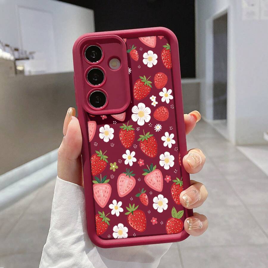 Phone Case: Strawberry Daisy Pattern For Apple 16/15/14/13/12 Pro Max 14 15 16 Plus Xs Max Mobile Phone Case Galaxy A03S A12 A13 A14 A15 A23 A25 A32 A35 A51 A53 A54 A55 A71 4G/5G S20 S21 S22 S23 S24 Ultra/Plus/FE,Suitable For 17 Air,Suitable For 17 Air - Màu Đỏ Sâu - Xem 1