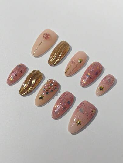 10 Stück handgemachte Weihnachts-Mandel-Aufklebe-Nägel, süßer 3D-Weihnachtsbaum, Sterne, bunte Pailletten, leuchtende braune Linien, glitzernde Diamant-Kunstdesigns, abnehmbarer und wiederverwendbarer Nagel-Kunst-Set für Winterfeste, geeignet für Mädchen und Frauen für den täglichen Gebrauch, Neujahr, Weihnachts-Nageldekoration