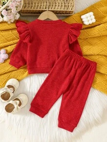 2pcs/Set Baju Bayi Perempuan Kasual Lucu dengan Bordir Pita dan Manset Berkerut, Dipadukan dengan Celana Warna Polos, Pakaian Musim Gugur/Dingin - Burgundy - View 2