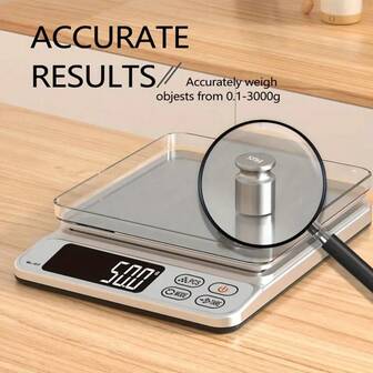  3公斤/0.1克高精度电子厨房秤，含托盘，坚固的ABS材质，易于清洁，一键去皮功能，多单位转换，厨房称重工具，时尚电子秤，使用AAA电池供电（不含电池）