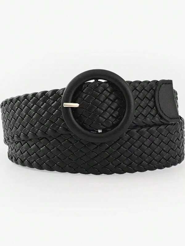 Novo Cinto Trançado Feminino com Fivela Redonda, Cinto Trançado Versátil, Acessório de Moda Cinto para Cintura Feminino, Cor Sólida