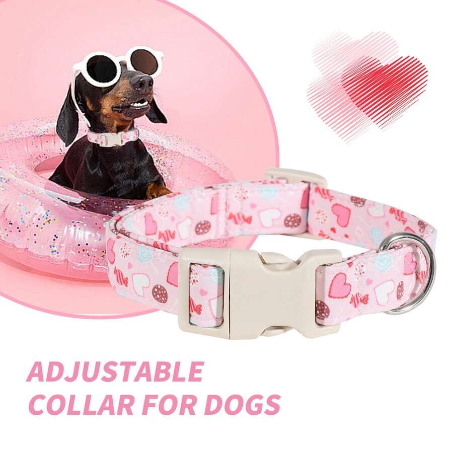 1 pieza Collar ajustable para perro del Día de San Valentín con patrones multicolor de corazones, caramelos y galletas, hebilla de liberación rápida, argolla en D para correa, colgante con forma de corazón - Regalo perfecto para todas las razas de perros, adecuado para uso en interiores/exteriores, uso diario, sesiones de fotos, fiestas de cumpleaños y bodas - Para perros machos y hembras - Rosa - Ver 1