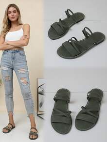 Women's Stylish Criss - Cross Strap Slide Sandals, Open Toe, Flat Heel, Chic Style, Green, Faux Suede Material, Summer Daily & Vacation Shoes - 綠色 - 查看 3