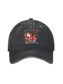 1pc I'm Dreaming Of A Wine Christmas 2 Graphic Print Text Letters Unisex Adult Adjustable Baseball Cap, Mens And Womens Washable Hat, Fashion Casual Sun Hat Washed Denim Baseball Cap - 黑色 - 查看 1