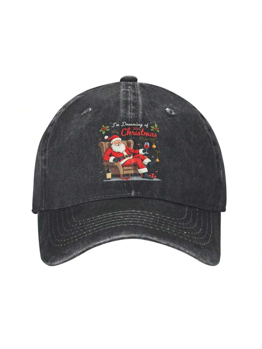 1pc I'm Dreaming Of A Wine Christmas 2 Graphic Print Text Letters Unisex Adult Adjustable Baseball Cap, Mens And Womens Washable Hat, Fashion Casual Sun Hat Washed Denim Baseball Cap - 黑色 - 查看 1