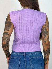 Knitted Sweater Vest With Braided Detail And V-Neck - tử đinh hương - Xem 4