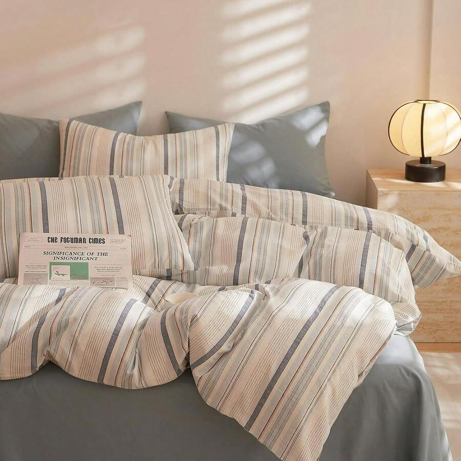 Tan Gingham Grid Duvet Cover Queen 3 Pieces Beige Plaid Duvet Cover 100% Washed Cotton Boho Plaid Comforter Cover With 2 Pillowcases Farmhouse Checkered Gingham Bedding Set Queen, & Retro Style - 07#藍色條紋 - 查看 1
