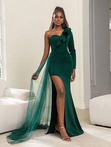Faeriesty Chic Women's Elegant Asymmetrical One-Shoulder Ruffled Mermaid Evening Gown With High-Leg Slit & Flowing Illusion Train, Form-Fitting Satin Banquet Dress For Black-Tie Galas, Red Carpet Events, Luxury Balls, Anniversary Soirees, And Charity Galas Christmas Matching Outfits - Dark Green - View 8