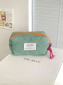 Green Plaid Quilted Large Capacity Cosmetic Bag, Portable Storage Bag, Handbag, Travel Essential Storage Bag, Ladies' Travel Toiletry Bag, Vanity Accessories, Small Makeup Bag, Makeup Pouch, Makeup Bag, Travel Essential, Cruise Essential, Dorm Essential, Birthday Gift, Bridesmaid Gift, Mother's Day Gift, New Year Gift, Women's Gift, Christmas Gift, Creative Women's Gift