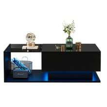 Glossy Black Coffee Table 100x50x32 Cm With Glass Top, Drawers, Scratch Resistant, With 1 Drawer, LED Lighting, Modern Style. - Black - View 9