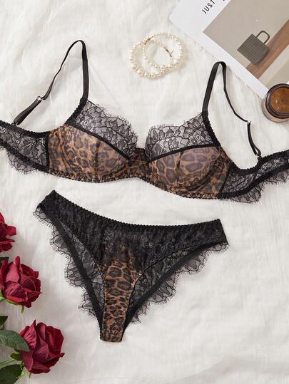 Leopard Print Black Lace Eyelash Patchwork Sexy Lingerie Set For Women