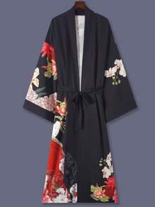 Kimono de manga 3/4 de longitud media con estampado floral, chaqueta fina y elegante de uso casual para mujer, adecuado para la calle, la playa, los viajes, las vacaciones, bata ligera, incluye faja Primavera Negro - Negro - Ver 4