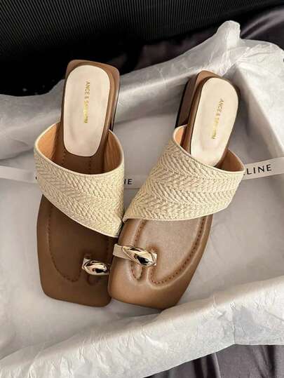 French Retro Vacation Style Woven Toe Ring Sandals, Women Summer Niche Design Chunky Heel Sandals, Comfortable Wear,Flip Flops