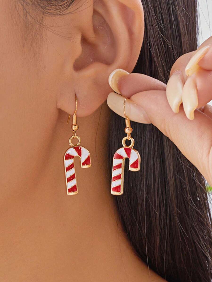 圣诞耳环，卡通条纹圣诞老人拐杖，滴油创意圣诞耳环 - 拐杖耳飾 - 查看 1
