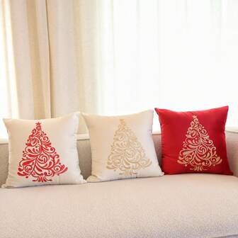 1pc Christmas Tree Pillow Cover, Soft Fabric Embroidered Cushion, Suitable For Christmas Holiday Decor, Winter Home Decoration