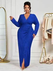 BIUBIU 大码女式长袖V领休闲优雅简约春秋冬装，适合返校季和感恩节穿着 - 寶藍色 - 查看 6