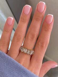 24Pcs Short Square Press On Nails French Tip Press On Nails With Leaves And Golden Line Art Minimalist Design Full Cover Fake Nails For Women And Girls Daily Wear Nail Supplies Nails - 彩色 - 查看 2