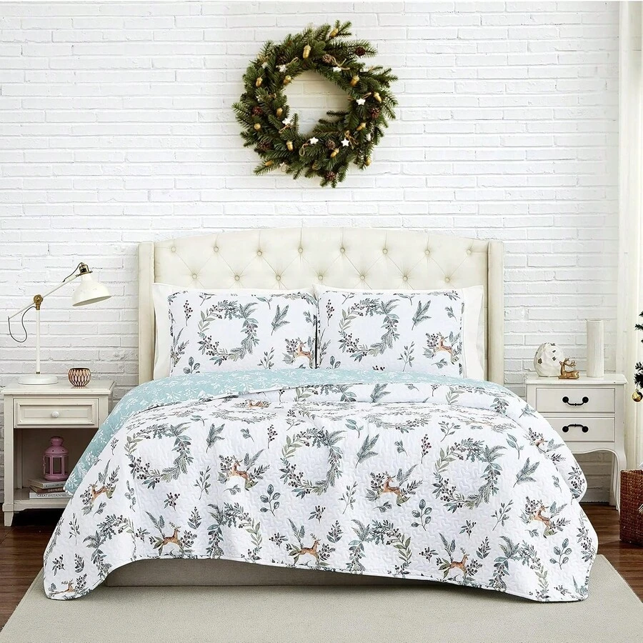Full/Queen Quilt Bedding Set, Microfiber Quilts Queen Size, Coverlet, Stain & Pet Hair Resistant Bedding, Full Size Bedspread With 2 Pillow Shams, Bone, 2025 - 節日快樂 - 查看 1