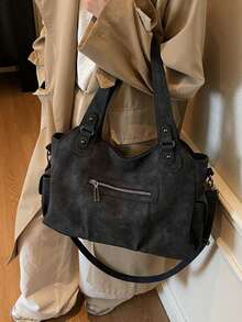 Retro Minimalist Large Capacity Fashion Student/Work Commute Tote Bag - Black - View 7