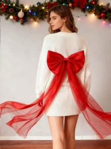 Christmas Red Bow Decor, Made Of Satin And Mesh, Suitable For Coordinating With Various Outfits, Scene Decoration, Multi-Purpose, Ideal For Christmas Decoration, Holiday Party Decor, Valentine's Day Decoration, Bridal Belt, Lolita Fashion Accessory - Red - View 5