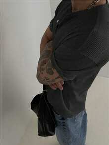 亨利领华夫格短袖T恤，男士款，轻盈透气基础款T恤，美式简约风格，四季皆宜 - 黑色 - 查看 2