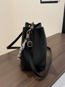 Women's PU Leather Bucket Bag With Chain Decor, Crossbody - Black - View 5