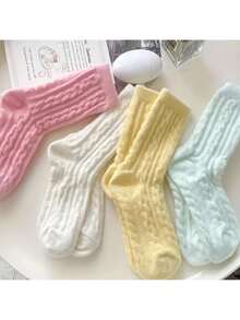 2 Pairs Of Twisted Pattern Socks, Soft And Warm Plush Mid-Calf Socks, Candy Color Smooth Women's Long Socks And Knitted Socks, Suitable Gifts - 2 Pairs Of Random Mixed Colors - View 5