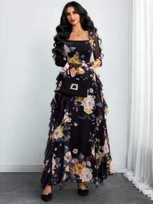 女士优雅性感现代奢华长袖Y2K浪漫荷叶边双层印花连衣裙 春假 - 彩色 - 查看 6