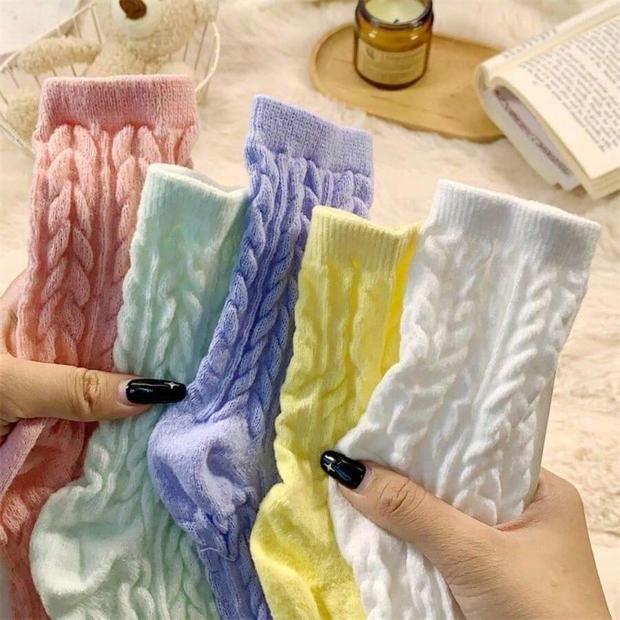 5-Pack Pastel Long Tube Knit Socks For Women - Stylish Thermal Design With Breathable Comfort, Perfect For Outdoor Activities In Cold Seasons | New Arrival/Thermal Socks/Thick Knitted Socks - 5 Pairs - 查看 1