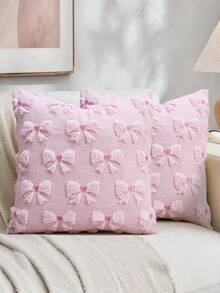 1/2Pcs Farmhouse Pink Bow Pillowcase Plush Square Single-Sided Pillow Cover Living Room Sofa Bedroom Home Decoration Car Cushion Cover Without Pillow Core - Pink - View 8