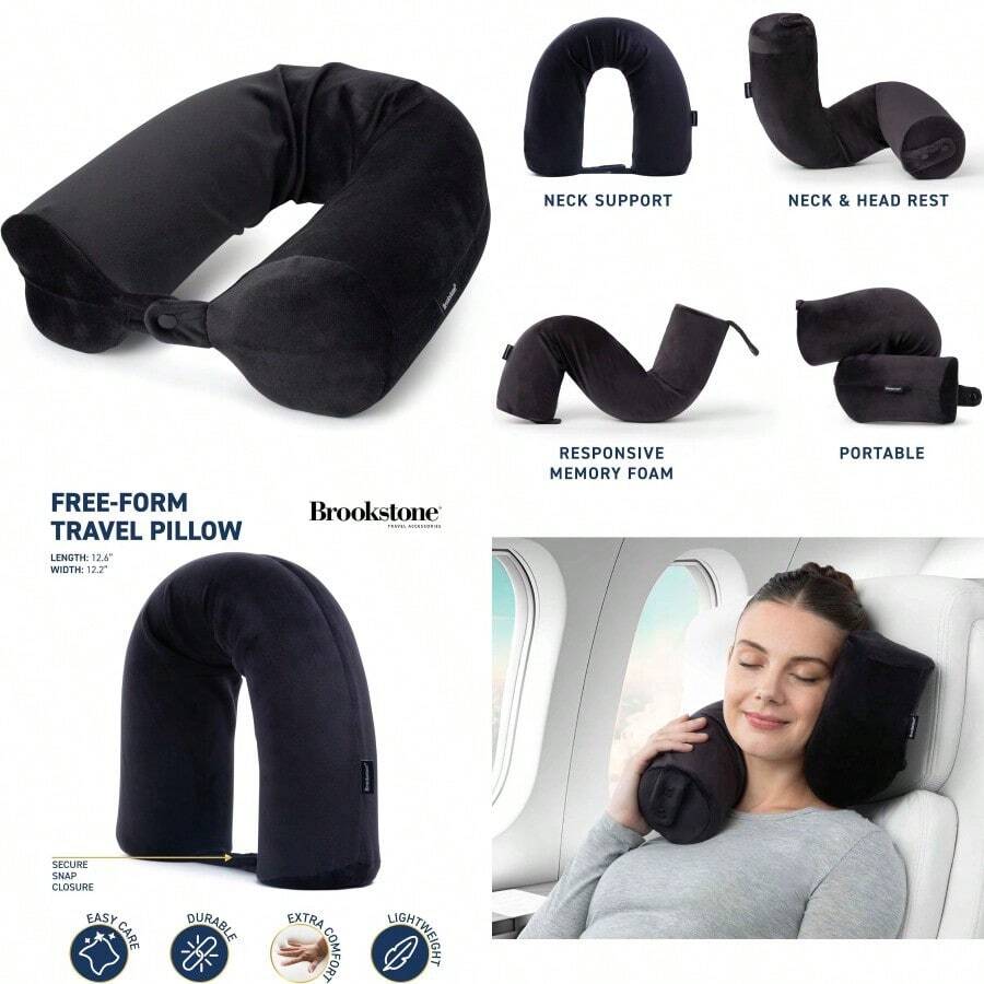 Free Form Travel Pillow - Lightweight Flexible Memory Foam Travel Neck Pillow For Sleeping Car Airplane And Travel Support Size: One Size Black Gift - 黑色 - 查看 1