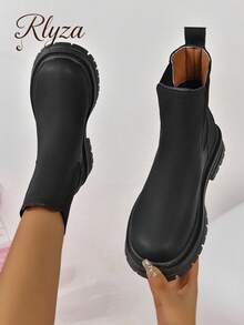 秋冬女士时尚百搭休闲短靴 女士踝靴和短靴，女士靴子 - 黑色 - 查看 1