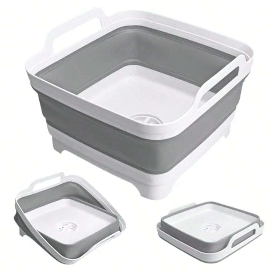 TFKI Collapsible Wash Basin With Drain Plug 2.4 Gallon 9L Collapsible Dish Basin Portable Bottle Washing Basin For Baby Bottles Vegetable Washing RV Camping - 灰色的 - 查看 1