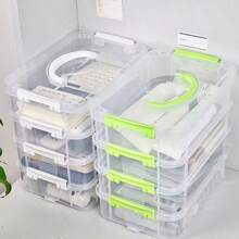 4-Layer Stackable Clear Plastic Storage Box With Green Buckle - Waterproof, Large Capacity, Suitable For Home And Office - Portable, Can Be Used As Food Container Or For Storing Toys, Crafts, Desktop And Drawer Items, Ideal For Home Organization - Multicolor - View 6