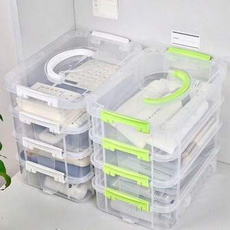 Stapelbar förvaringslåda i genomskinlig plast med 4 lager och grönt spänne - Vattentät, stor kapacitet, lämplig för hem och kontor - Bärbar, kan användas som matbehållare eller för förvaring av leksaker, pyssel, skrivbords- och lådföremål, perfekt för hemorganisering