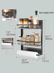 Estante de almacenamiento de cocina de metal multifuncional - Estante de almacenamiento lateral magnético, apto para refrigerador y lavadora - sin necesidad de perforar, acabado negro elegante, organizador de especias montado en la pared, Estante organizador lateral de refrigerador de 1 pieza con ganchos para colgar objetos pequeños adecuado para familias ocupadas y espacios pequeños - Negro - Ver 2