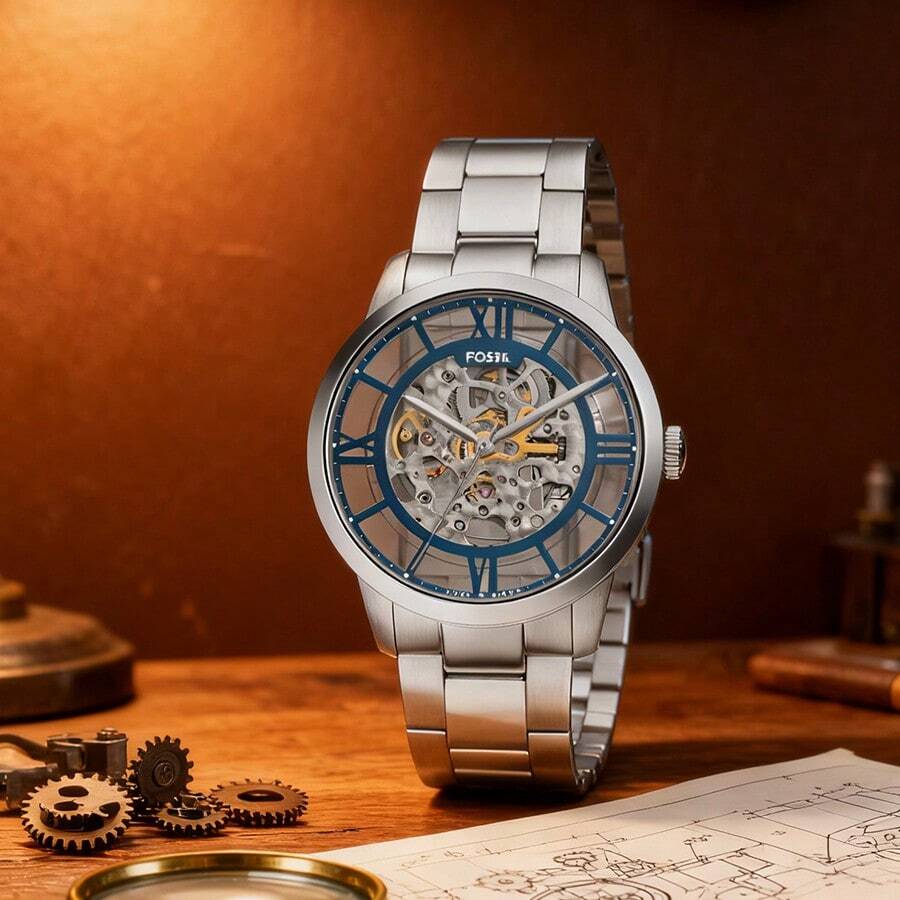 Fossil 男士自动机械不锈钢三针腕表，不锈钢表壳/防刮玻璃 ME3260 - 銀色 - 查看 1