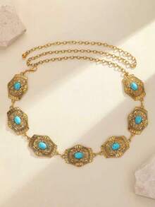 1pc Metallic Engraved Turquoise Waist Chain, Boho Zinc Alloy, Suitable For Christmas Party, Holiday & Casual Occasions - Hexagonal Warrior - View 3