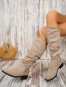 Bottes mi-mollet plates à enfiler de couleur unie pour femmes grandes tailles - Kaki - Voir 3