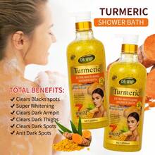 姜黄特效美白沐浴露，金色光泽泡沫，双相姜黄素+烟酰胺，一抹即可洗去城市灰和泳池氯气，干爽不刺痒，PH值5.5，舒缓肌肤，每日从领口到脚跟都散发阳光亲吻般的光泽