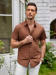 Men's Basic Plain Short-Sleeved Dress Shirt For Summer - Coffee Brown - View 1
