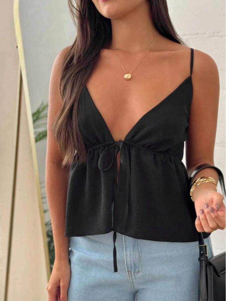 Women's Cropped Tank Top With Front Opening, Adjustable Tie, And Adjustable Straps - Spring 2025 Summer - Black - View 1