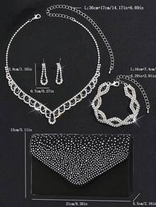 Bolsa de Mão de Luxo Elegante para Mulheres com Cristais e Strass, Bolsa de Ombro, Bolsa de Vestido com Conjunto Ajustável de Pulseira, Colar e Brincos